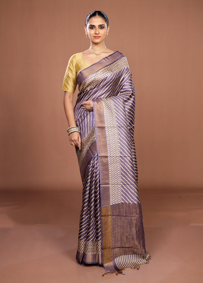 Purple Handloom Tussar Pure Silk Saree With Blouse Piece