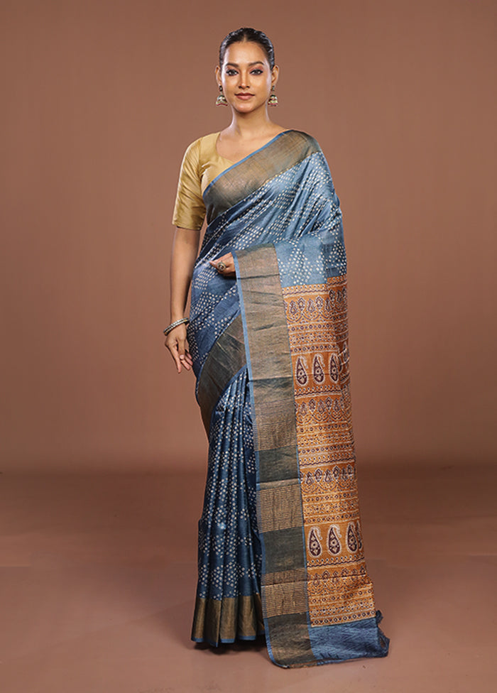 Blue Handloom Tussar Pure Silk Saree With Blouse Piece