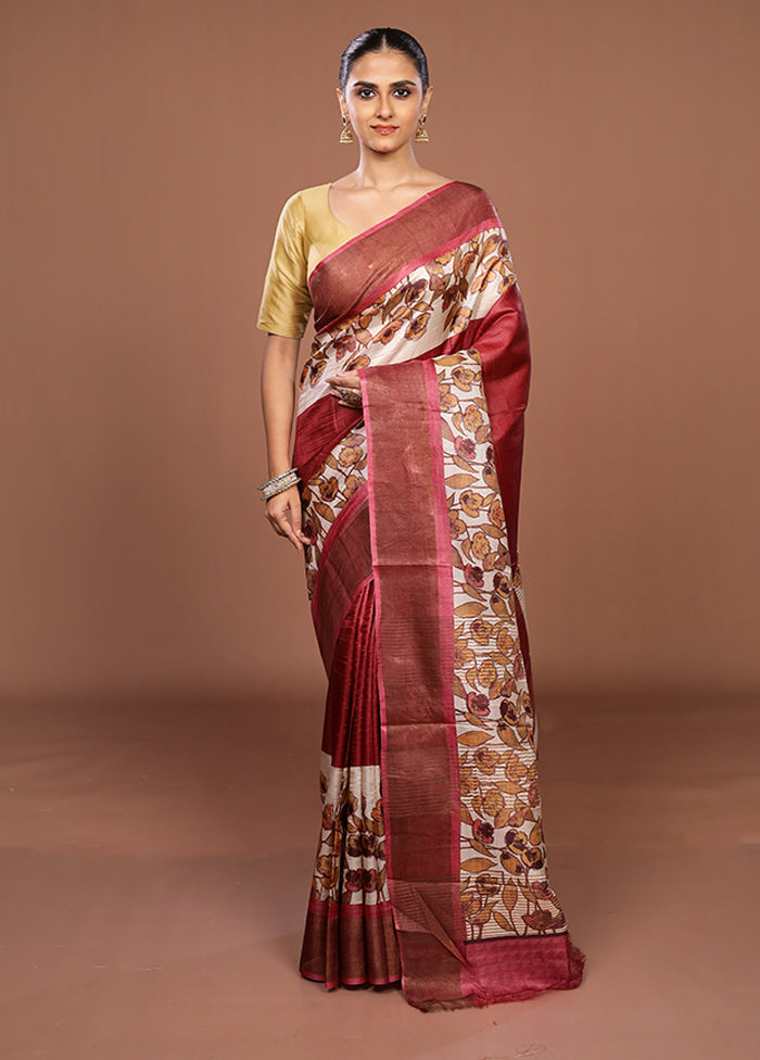 Cream Handloom Tussar Pure Silk Saree With Blouse Piece