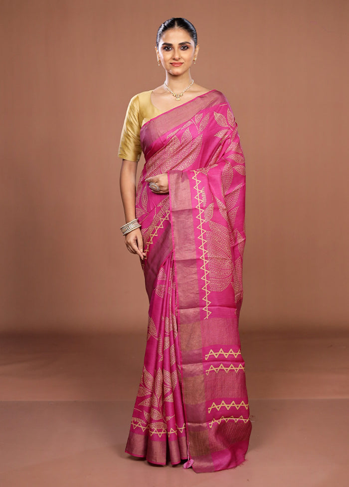 Pink Handloom Tussar Pure Silk Saree With Blouse Piece