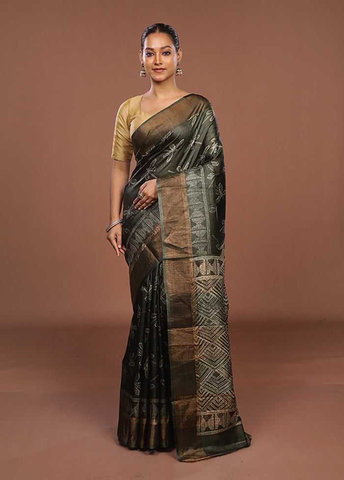 Green Handloom Tussar Pure Silk Saree With Blouse Piece