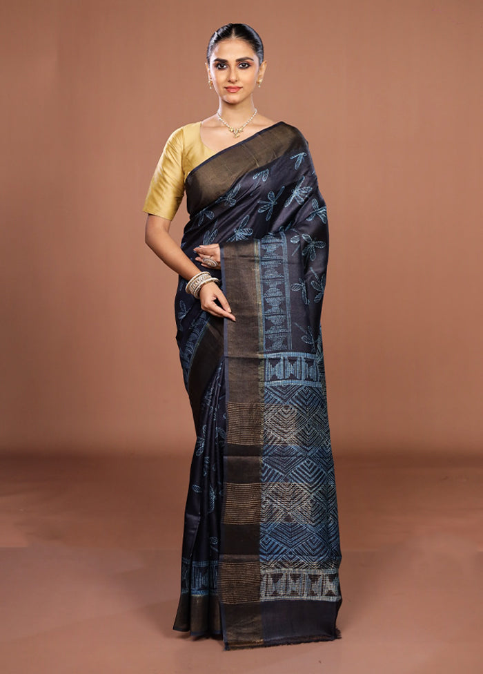 Blue Handloom Tussar Pure Silk Saree With Blouse Piece