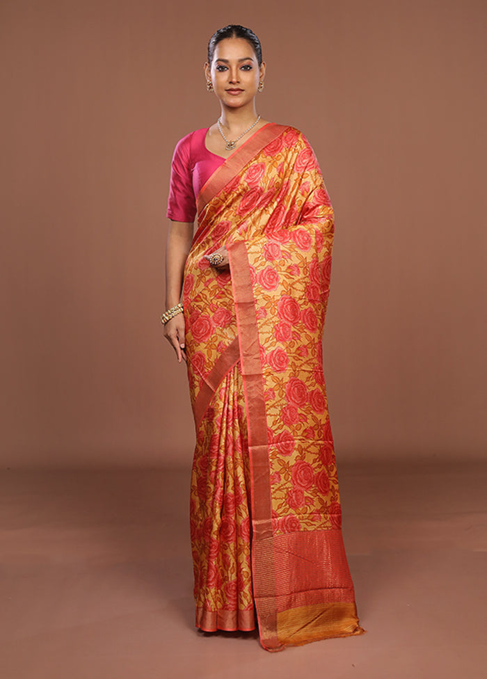 Pink Handloom Tussar Pure Silk Saree With Blouse Piece
