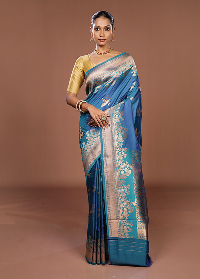 Blue Dupion Silk Saree With Blouse Piece