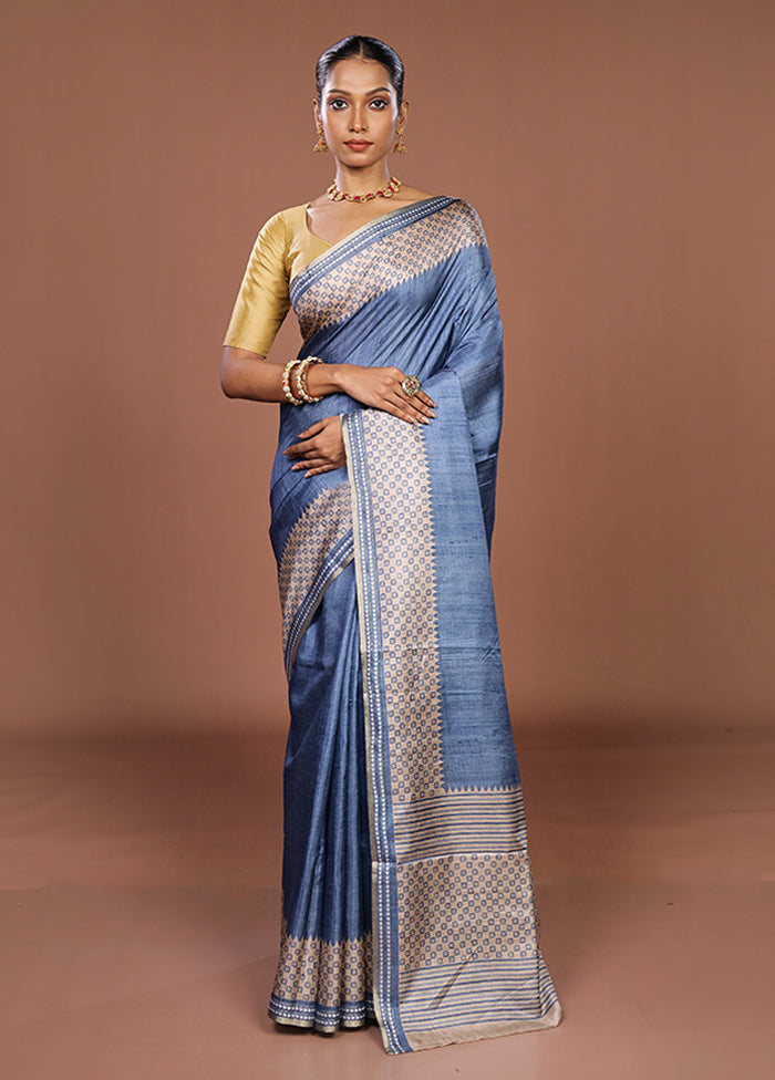 Blue Tussar Silk Saree With Blouse Piece