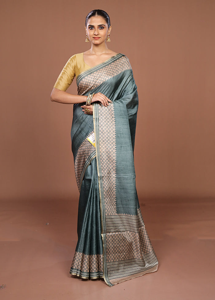 Green Tussar Silk Saree With Blouse Piece