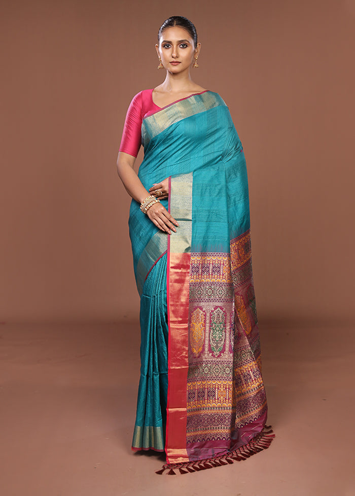 Green Dupion Silk Saree With Blouse Piece
