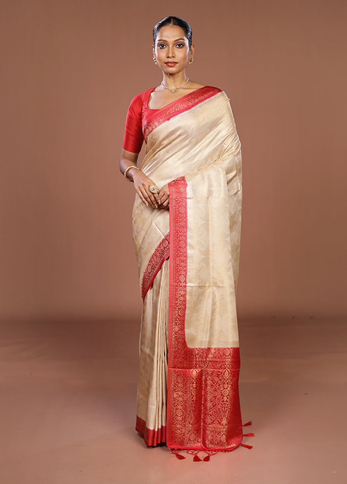 Cream Dupion Silk Saree With Blouse Piece