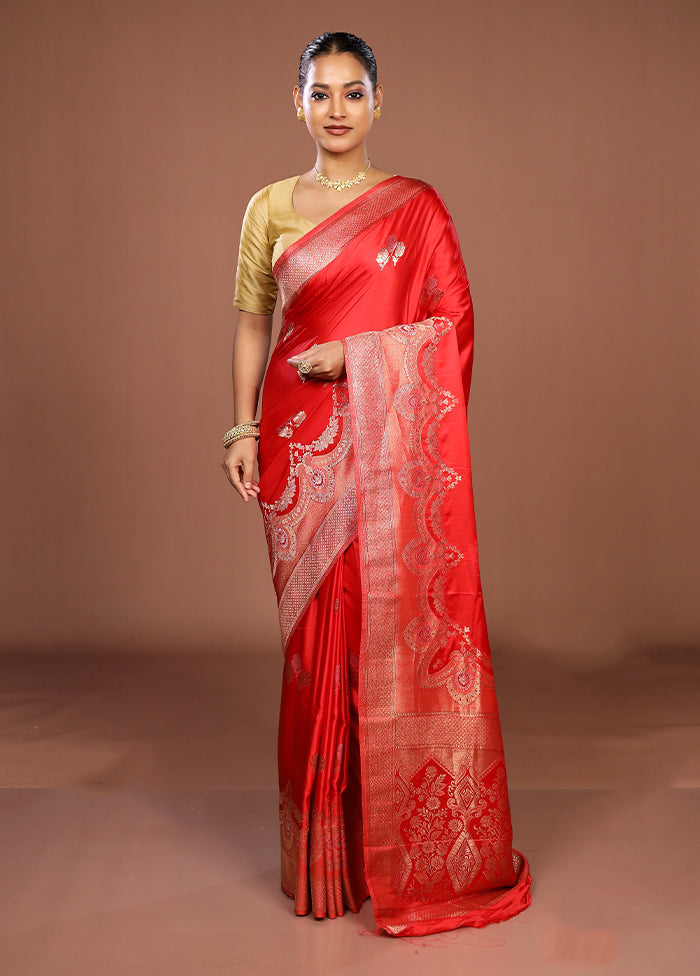Red Dupion Silk Saree With Blouse Piece