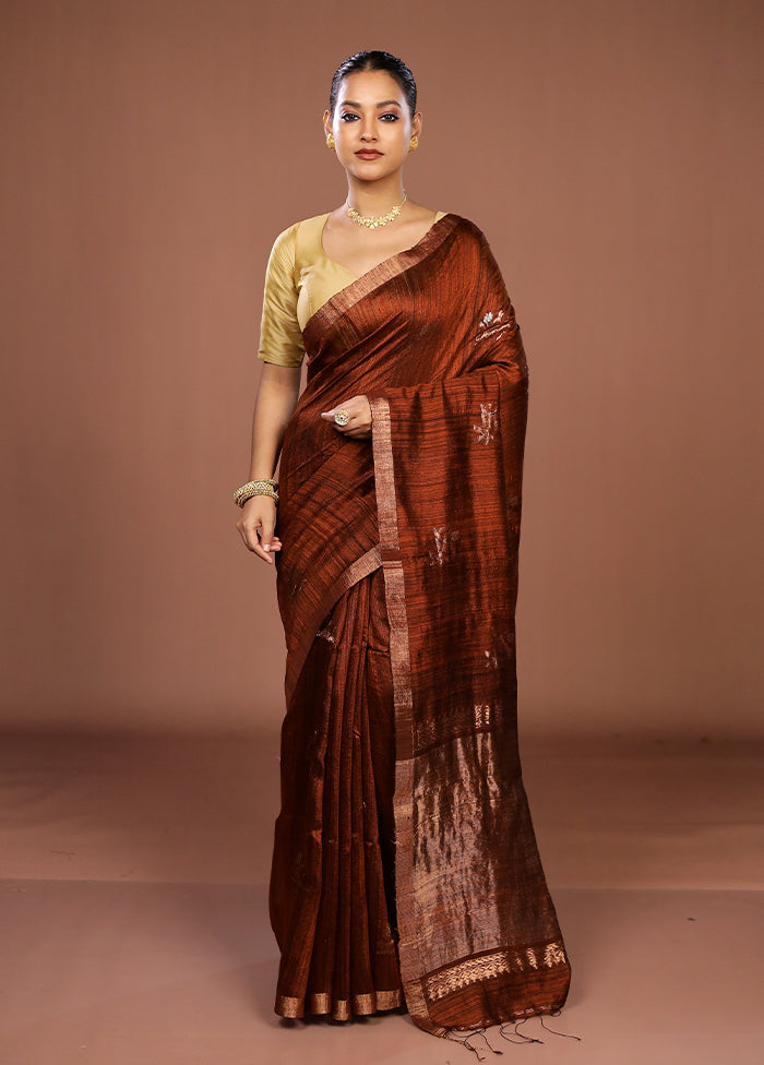 Brown Handloom Matka Pure Silk Saree With Blouse Piece