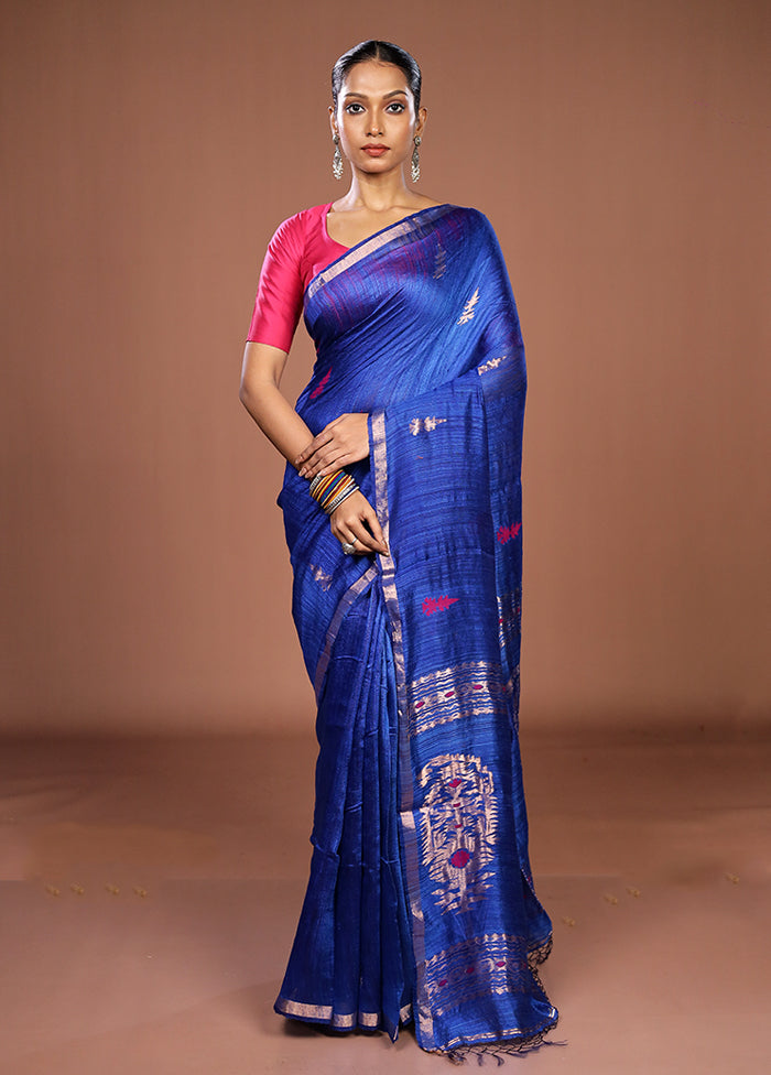 Blue Handloom Matka Pure Silk Saree With Blouse Piece