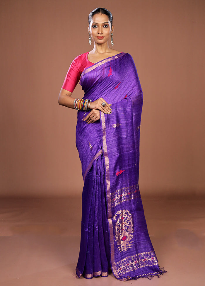 Purple Handloom Matka Pure Silk Saree With Blouse Piece