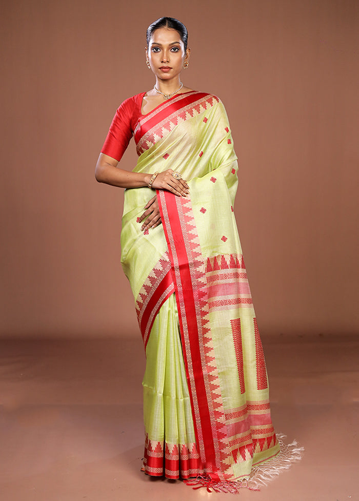 Green Handloom Tussar Pure Silk Saree With Blouse Piece