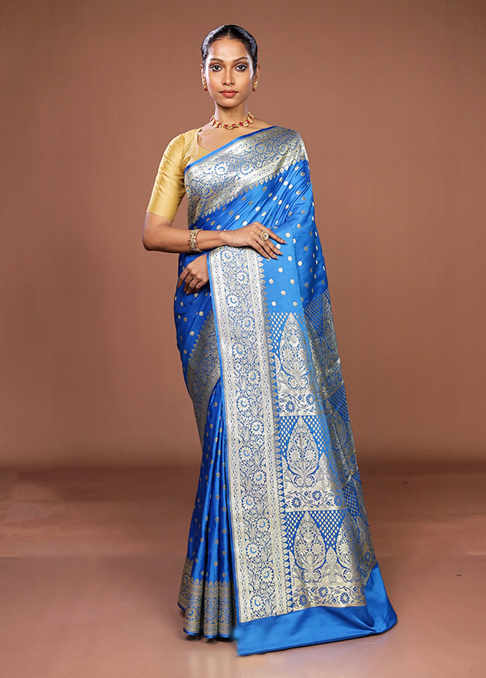 Blue Banarasi Silk Saree With Blouse Piece