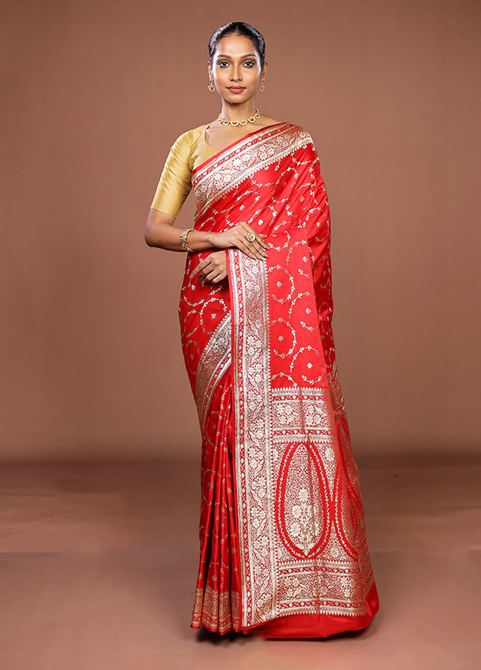 Red Banarasi Silk Saree With Blouse Piece
