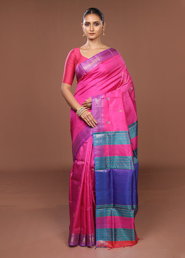 Pink Handloom Kanjivaram Pure Silk Saree With Blouse Piece