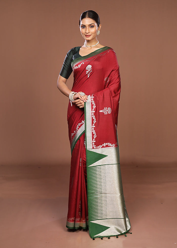 Maroon Dupion Silk Saree With Blouse Piece