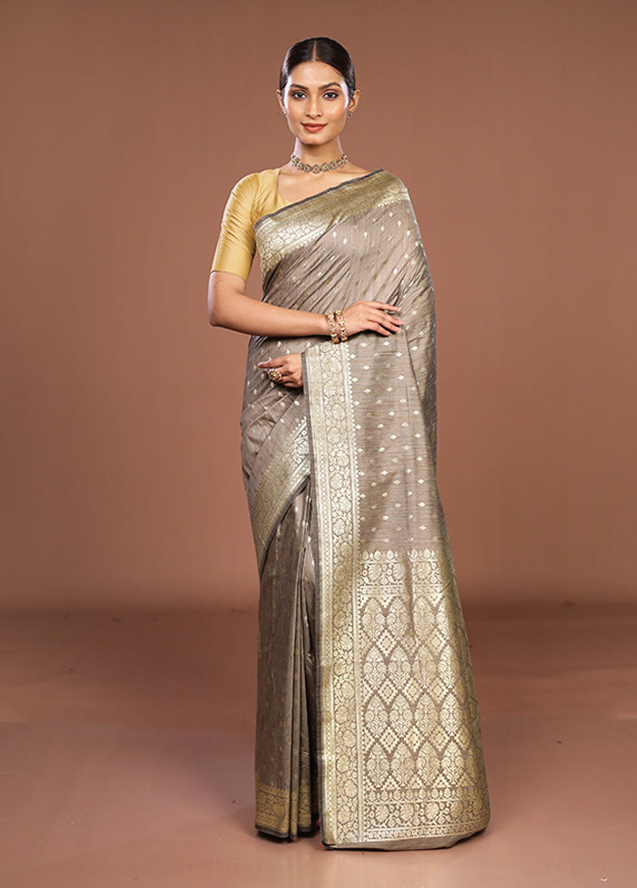 Grey Tussar Silk Saree With Blouse Piece