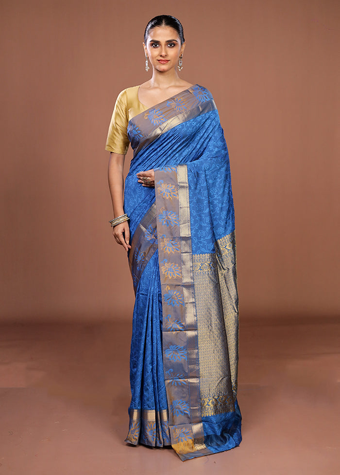 Blue Kanjivaram Silk Saree With Blouse Piece