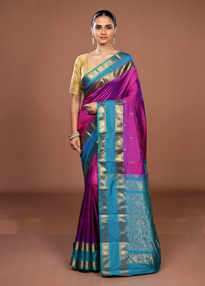 Purple Handloom Kanjivaram Pure Silk Saree With Blouse Piece