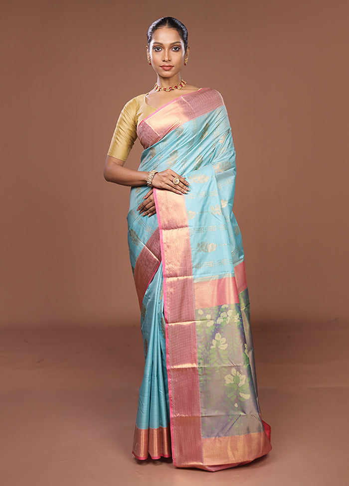 Blue Kanjivaram Silk Saree With Blouse Piece