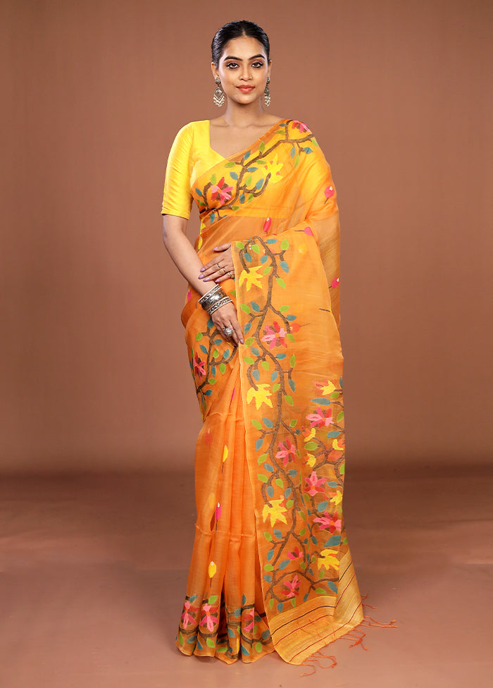 Yellow Handloom Matka Pure Silk Saree With Blouse Piece