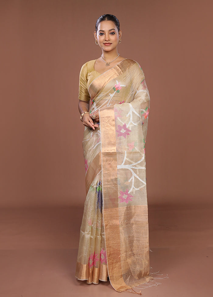 Cream Handloom Tussar Pure Silk Saree With Blouse Piece