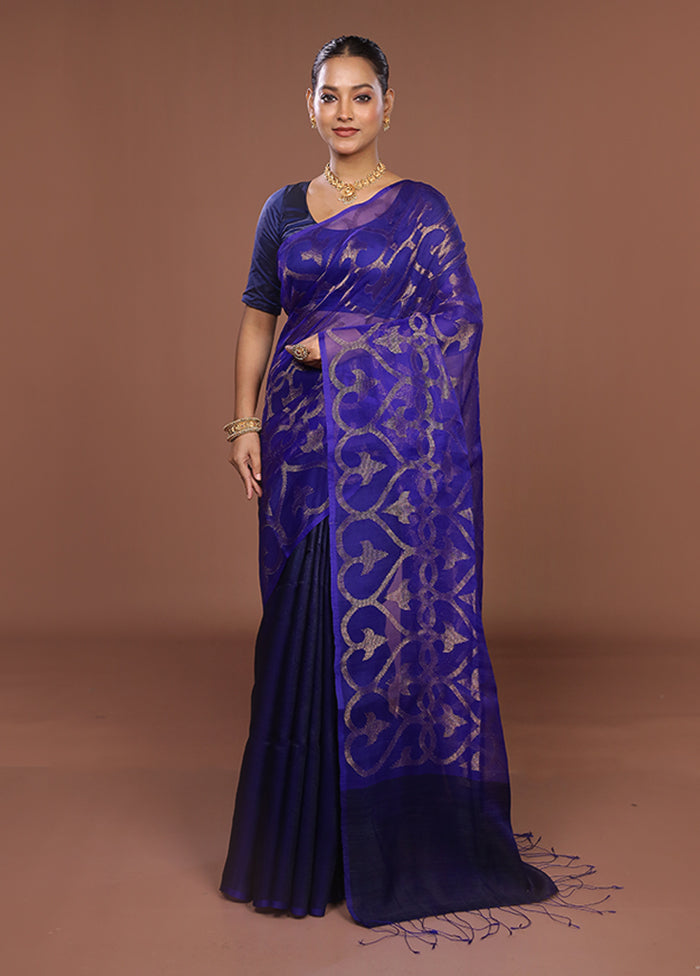Blue Handloom Matka Pure Silk Saree With Blouse Piece