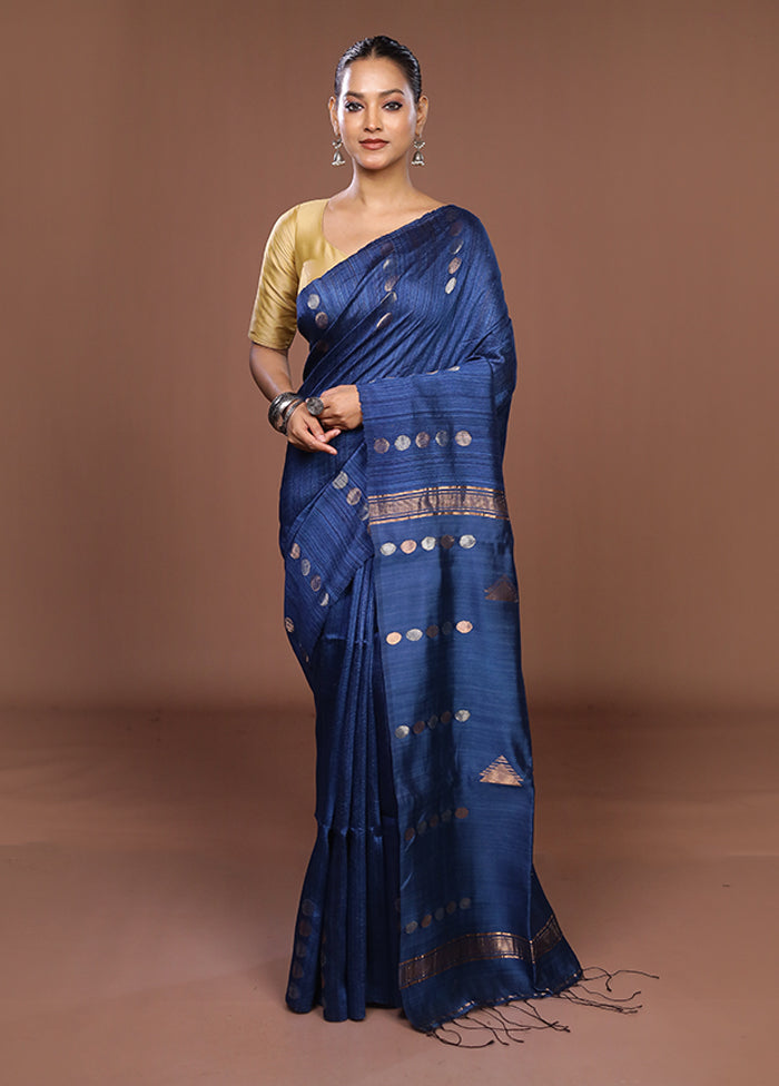 Blue Handloom Matka Pure Silk Saree With Blouse Piece