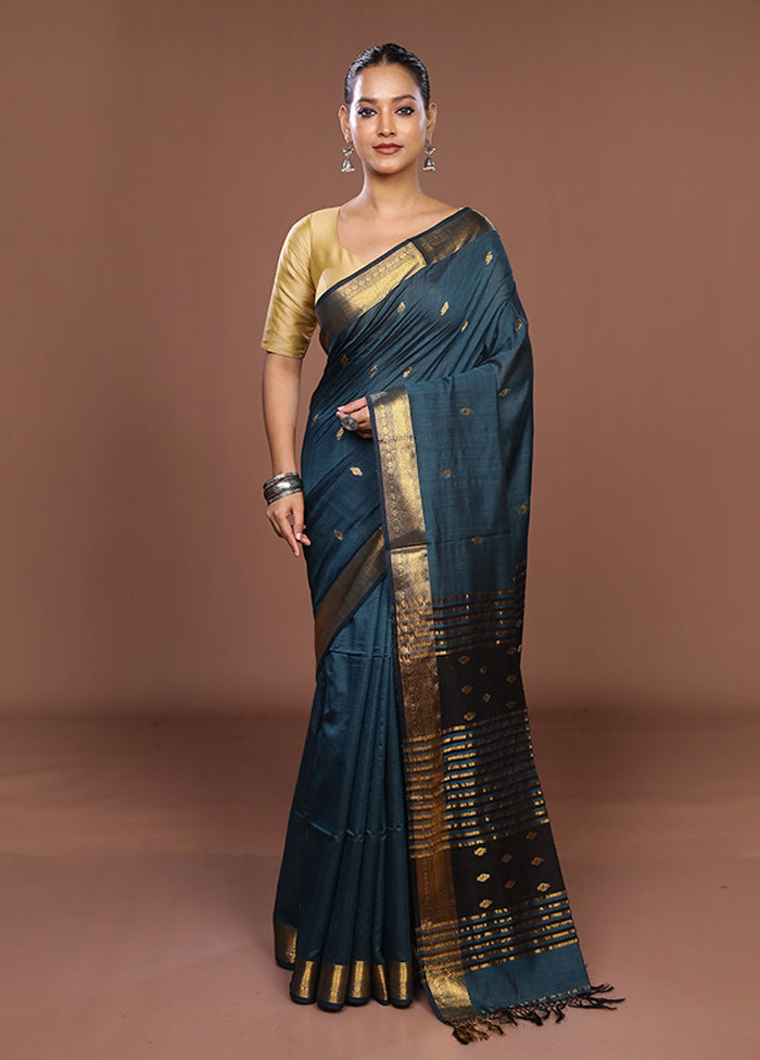 Blue Handloom Matka Pure Silk Saree With Blouse Piece