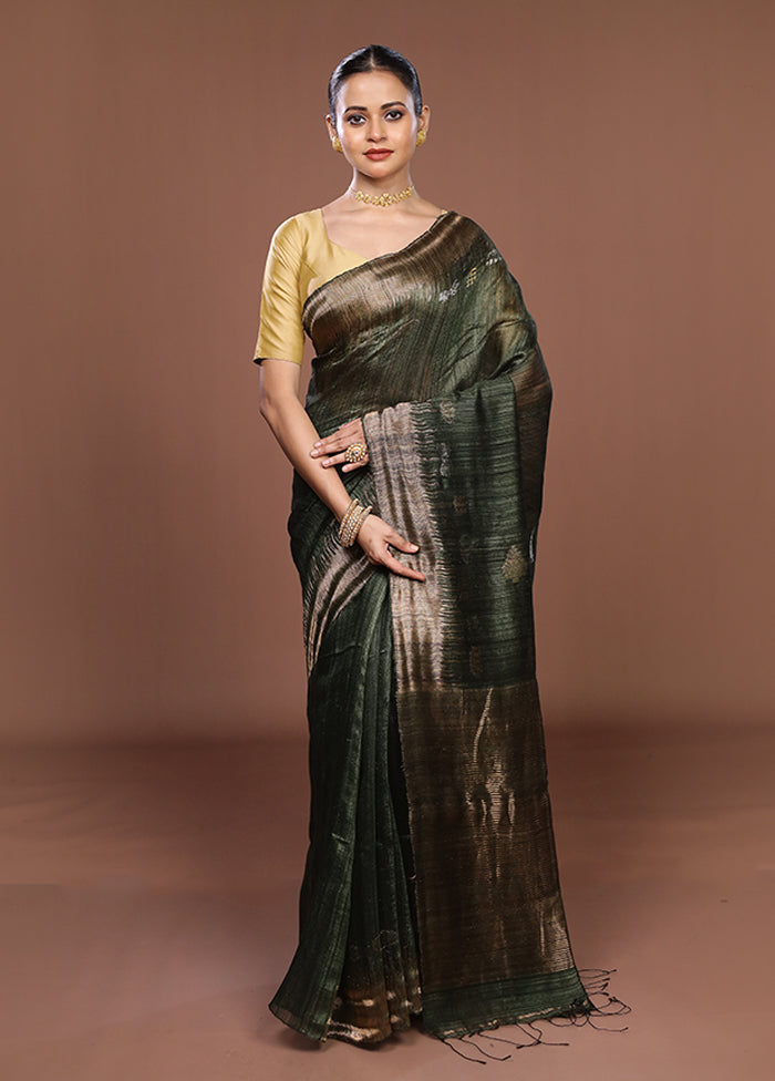 Green Handloom Matka Pure Silk Saree With Blouse Piece