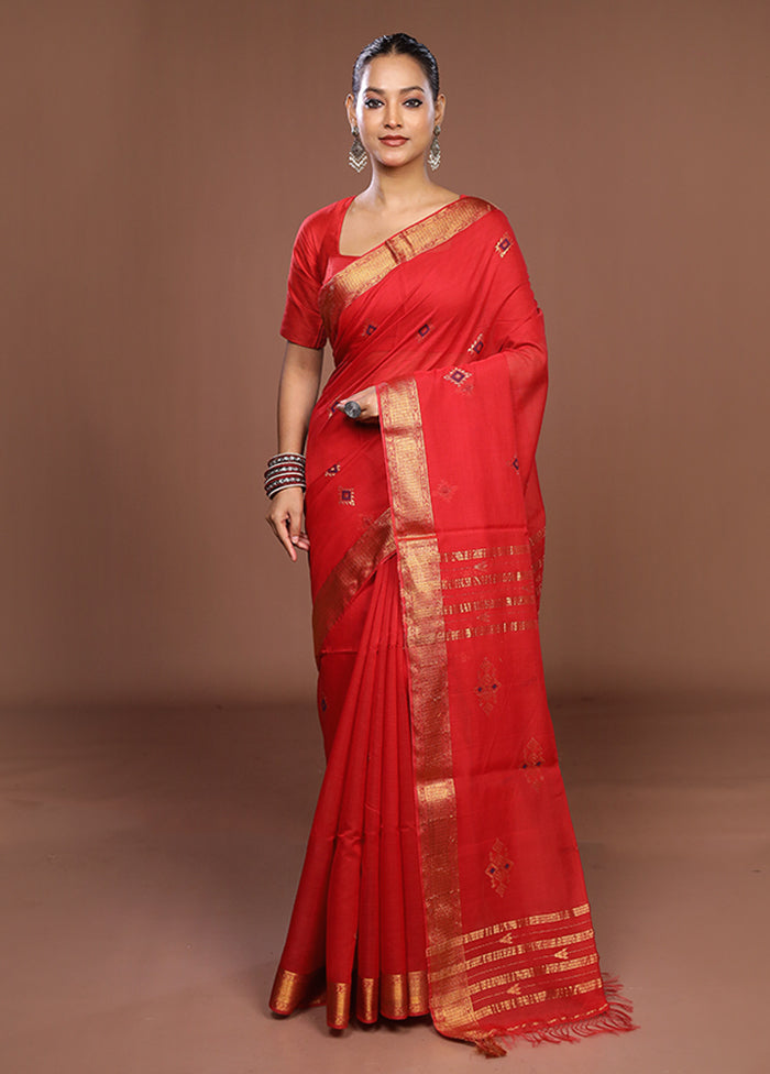 Red Handloom Matka Pure Silk Saree With Blouse Piece
