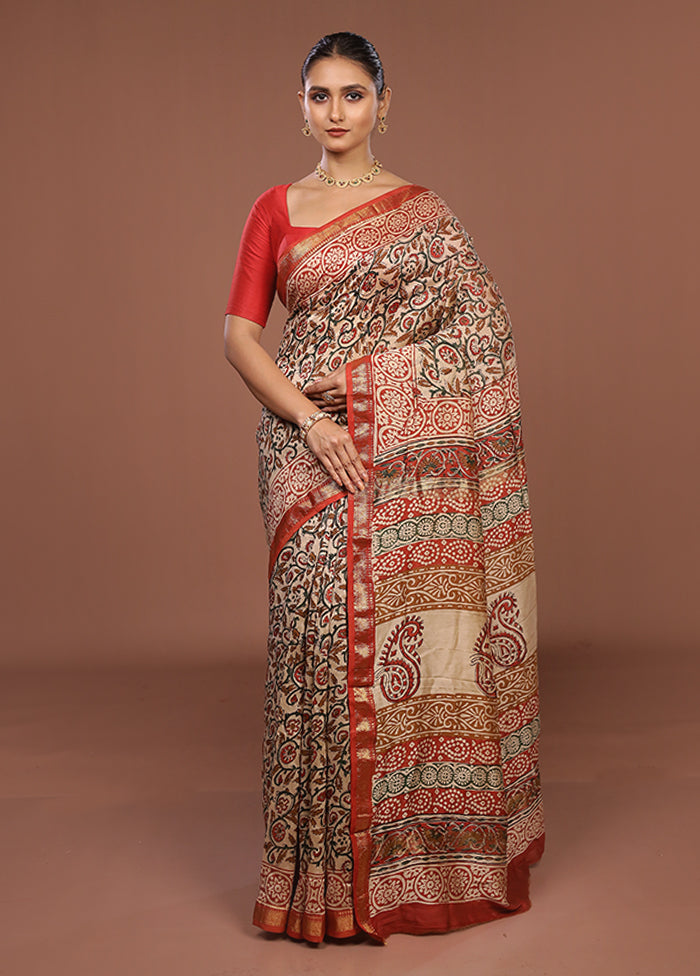 Cream Chanderi Silk Saree With Blouse Piece