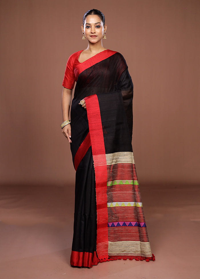 Black Handloom Matka Pure Silk Saree With Blouse Piece