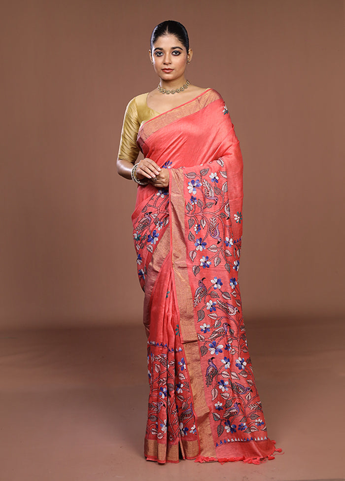 Pink Matka Silk Saree With Blouse Piece
