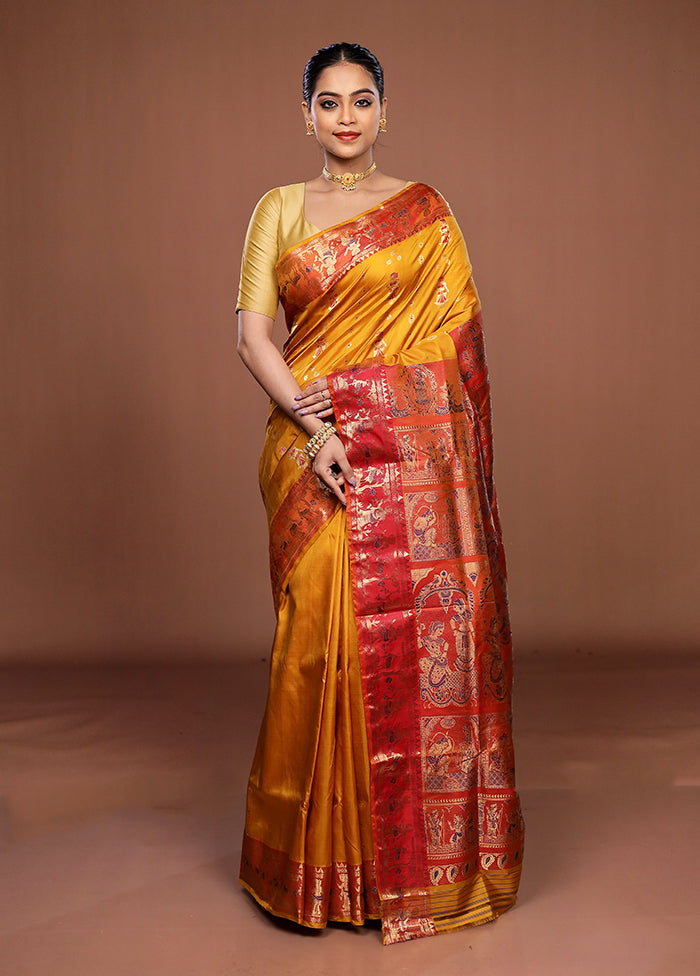 Yellow Handloom Baluchari Pure Silk Saree With Blouse Piece