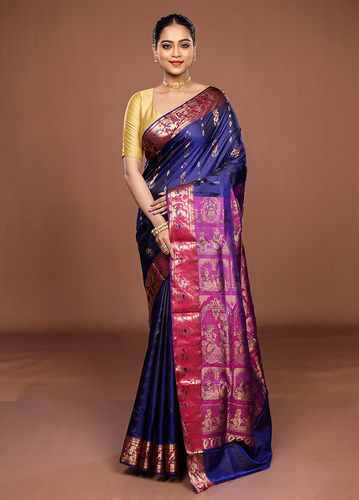 Blue Handloom Baluchari Pure Silk Saree With Blouse Piece