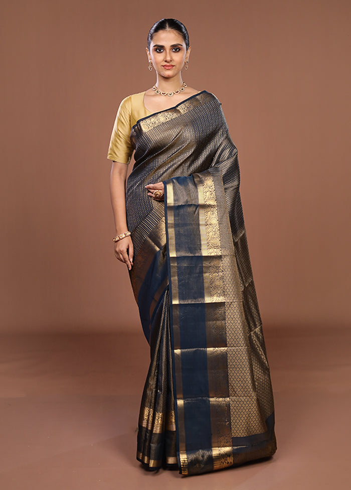 Black Handloom Kanjivaram Pure Silk Saree With Blouse Piece