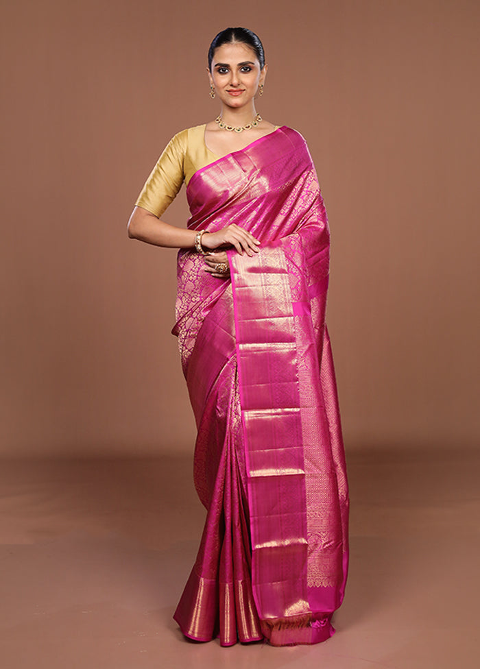 Pink Handloom Kanchipuram Pure Silk Saree With Blouse Piece