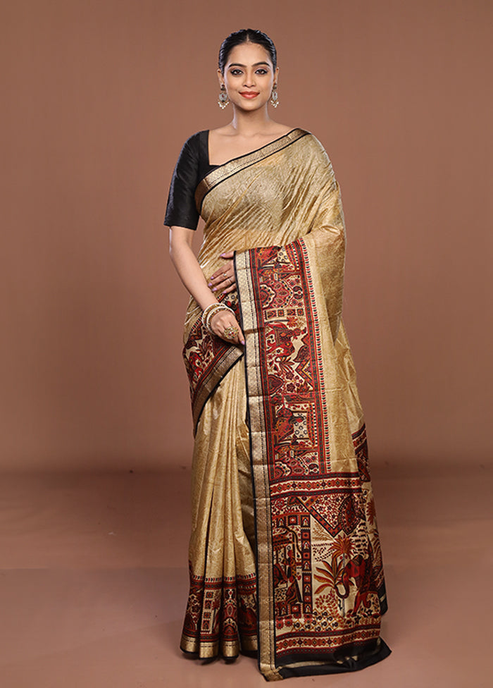 Cream Printed Pure Silk Saree Without Blouse Piece