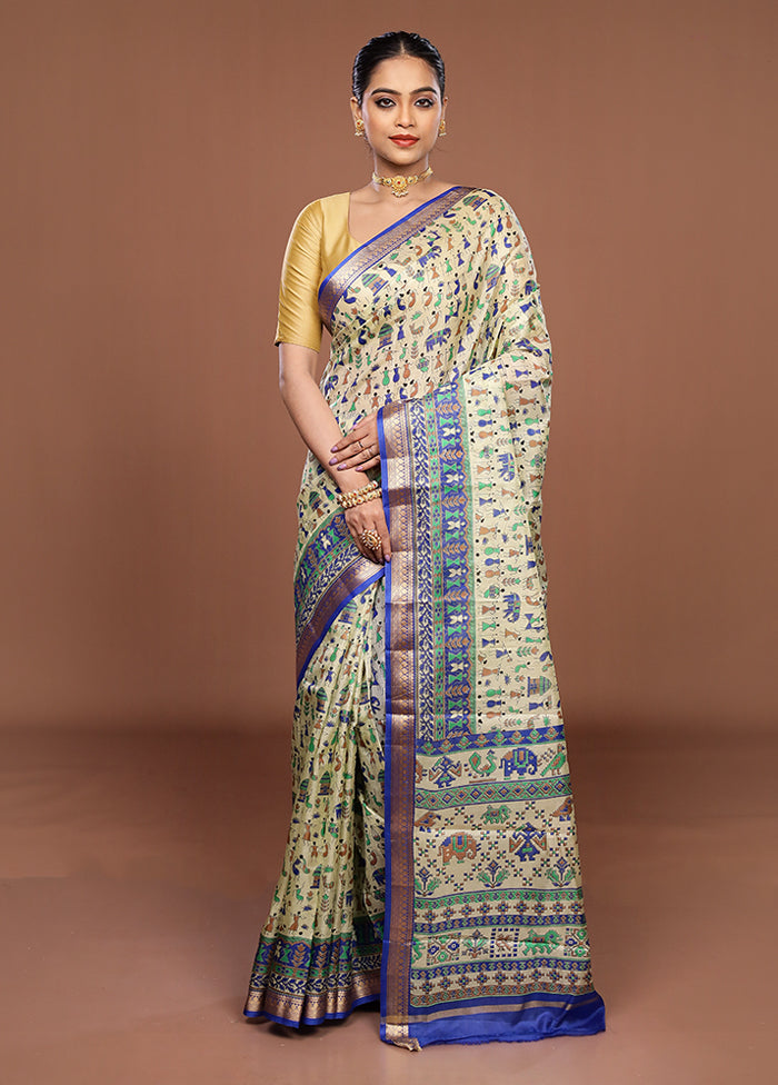 Cream Printed Pure Silk Saree Without Blouse Piece