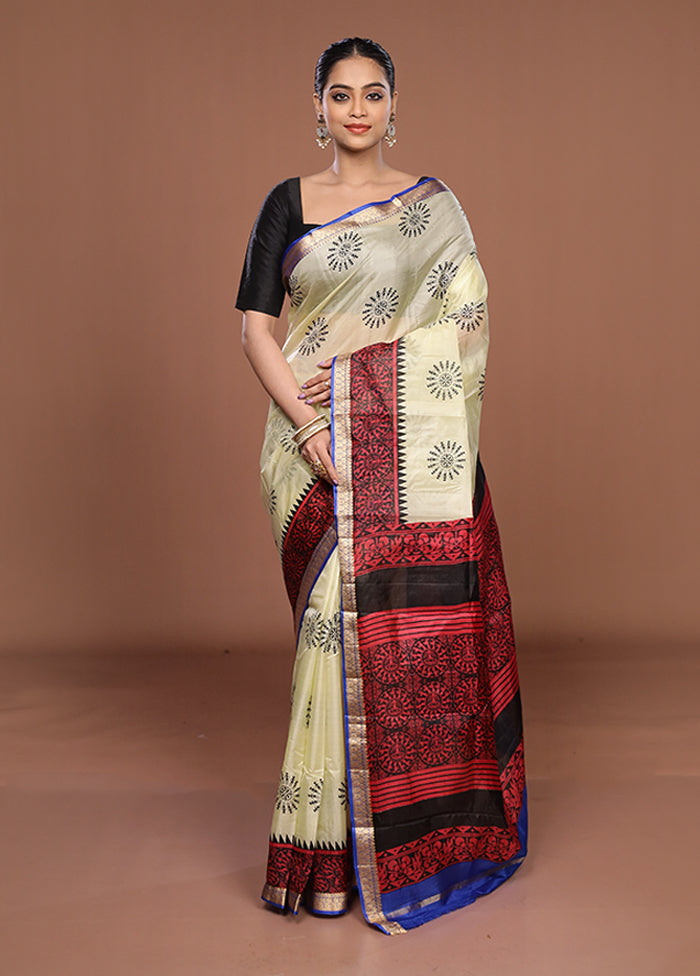 Cream Printed Pure Silk Saree Without Blouse Piece