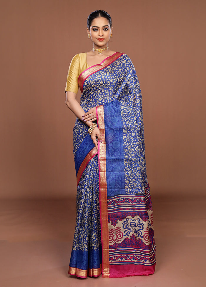 Blue Printed Pure Silk Saree Without Blouse Piece