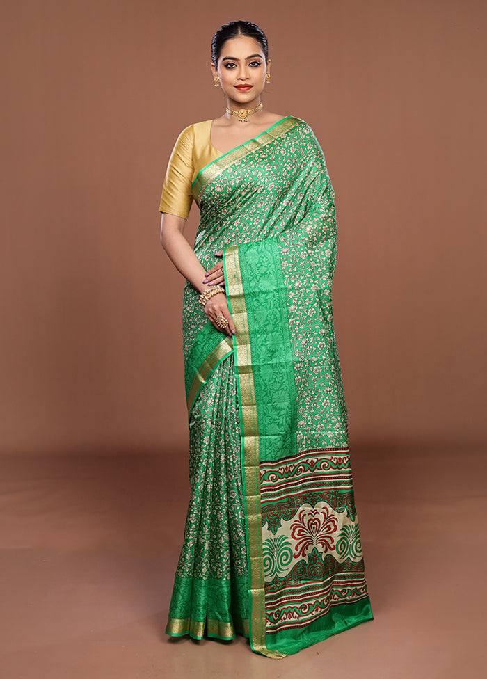Green Printed Pure Silk Saree Without Blouse Piece