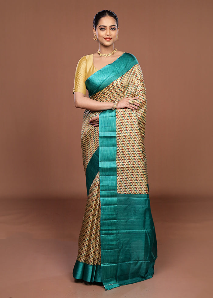 Cream Printed Pure Silk Saree Without Blouse Piece