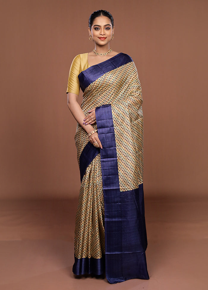 Cream Printed Pure Silk Saree Without Blouse Piece