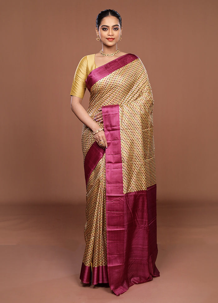 Cream Printed Pure Silk Saree Without Blouse Piece