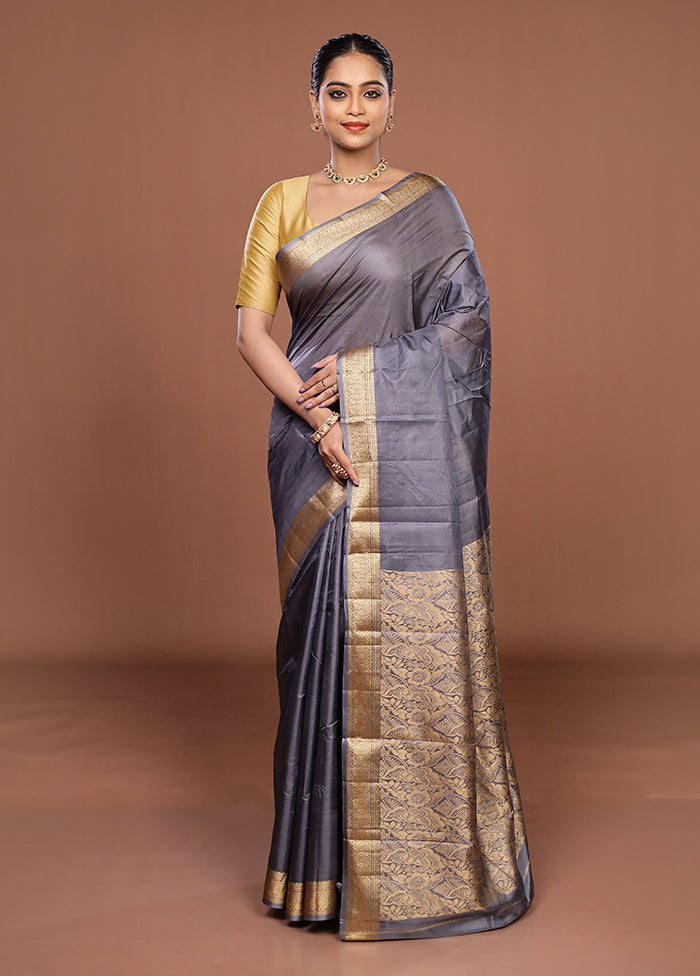 Grey Printed Pure Silk Saree Without Blouse Piece
