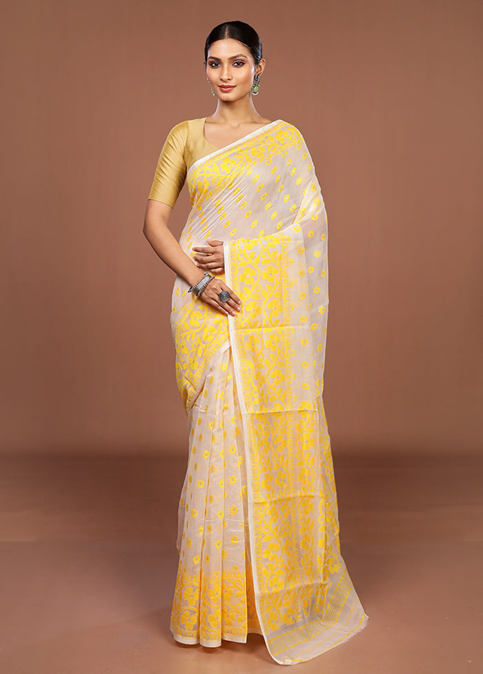 White Jamdani Cotton Saree Without Blouse Piece