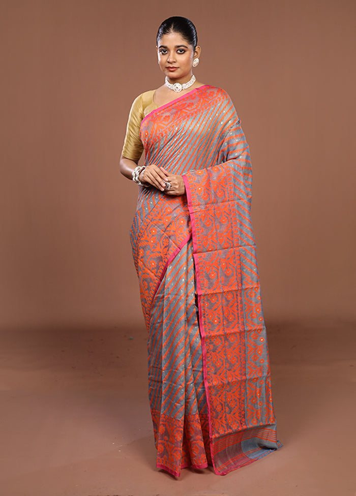Blue Jamdani Cotton Saree Without Blouse Piece